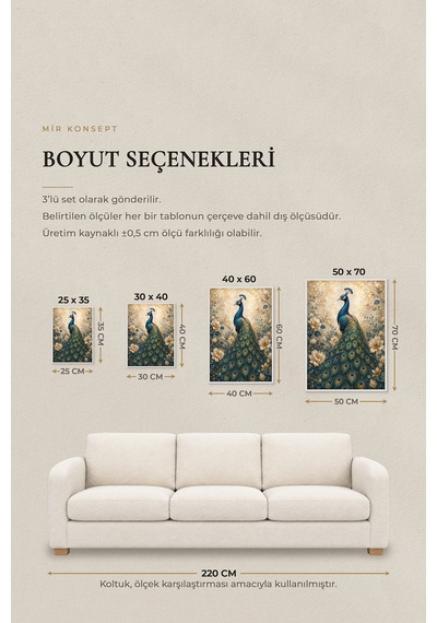 Zümrüt Tavus Kuşu 3'lü Mdf Tablo Seti Gerçek Ahşap Çerçeveli Modern Salon Yatak Odası Duvar Tablosu Renk: Beyaz