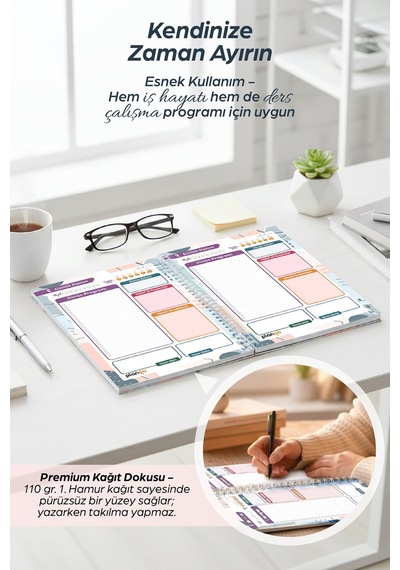 Yapraklar Spiralli Günlük Planlama Defteri - 100 Sayfa - 17x24 Planlayıcı Defter Beyaz - Bej