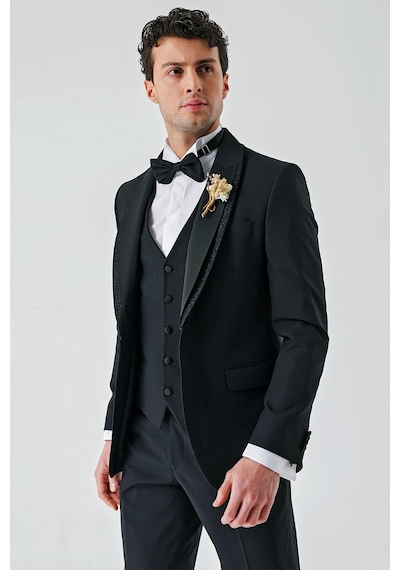 İmza Siyah Çıkarılabilir Şal Yaka Yelekli Likralı 6 Drop Slim Fit Smokin Damatlık 1001240203-Siyah