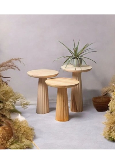 Ahşap 3 Lü Set Fitilli Mantar Yan Sehpa / Zigon Sehpa Vernikli / Wood Wooden Mushroom Side Table Ahşap