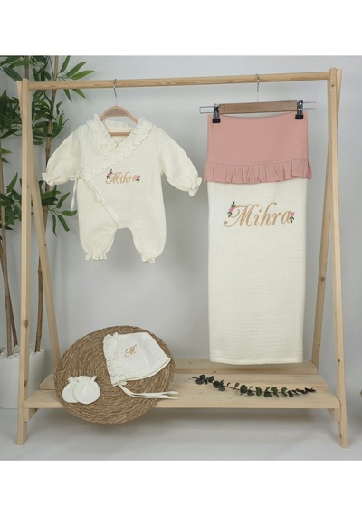 Gros Shop Müslin Yeni Doğan 4katlı Organik %100pamuk Kişiye Özgü Nakışlı Hastane Çıkış Seti Papatya Model-11 Ekru-2