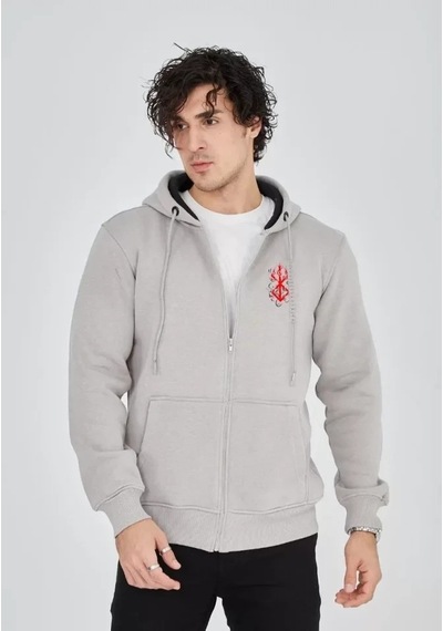 Vexor Unisex Baskılı Tam Fermuarlı Kapşonlu Sweatshirt - Boyalı Gri