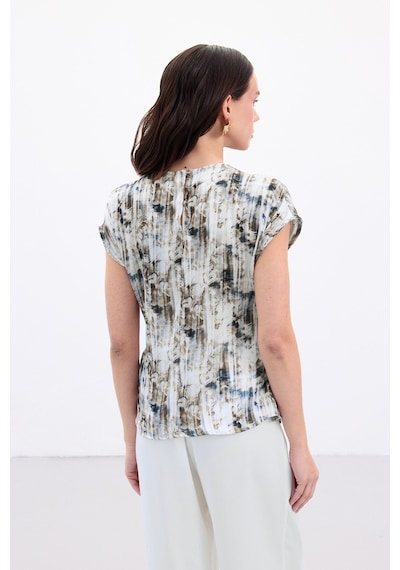 Sateen Pileli Kolsuz Bluz - İndigo-136862 İndigo