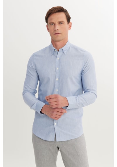 AC&Co / Altınyıldız Classics Erkek Mavı Pamuklu Comfort Fit Rahat Kesim Gizli Düğmeli Yaka Armürlü Gömlek Mavı