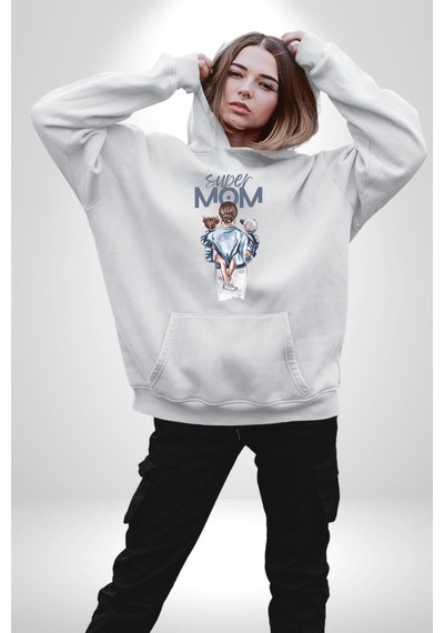 Süper Anne Anneler Günü Doğum Hediyesi Kadın Erkek Beyaz Kapüşonlu Sweatshirt Hoodie Beyaz
