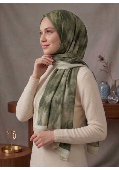 Alivascarf Bulut Desen Bambu Şal Yeni Pamuk Trend Şal Zeytin Yeşili