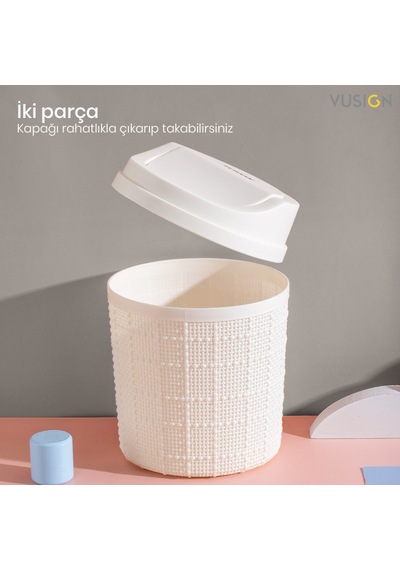 Vusıgn Mini Masaüstü Çöp Kutusu Hareketli Kapaklı 13 X 16,5 Cm Bej