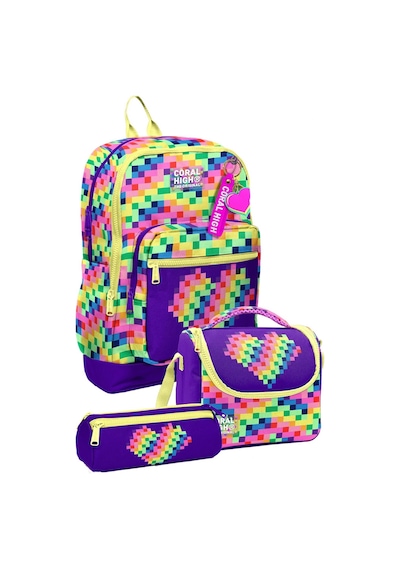 Coral High Kız Çocuk Mor Piksel Kalp Desenli Üçlü İlkokul Okul Çanta Seti Setygn33208a Çok Renkli