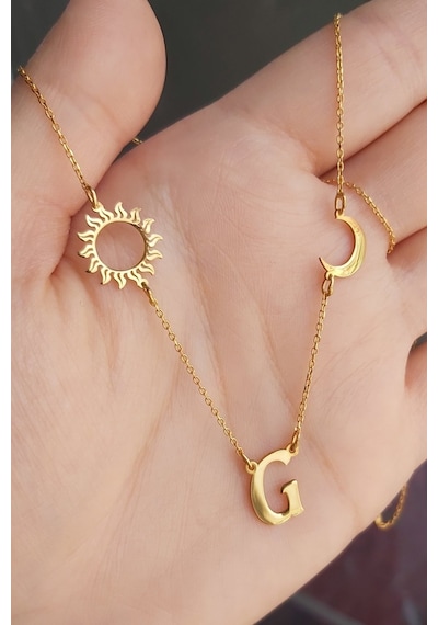 925 Ayar Gümüş 24 Ayar Altın Kaplama Ay Ve Güneş Figürlü Harf Kolye Gold