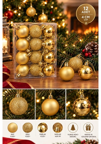 Yeni Yıla Özel 12 Parça Yılbaşı Çam Ağacı Topları Sarı Gold Renkli Noel Ağacı Süs Topları 4 Cm Diğer