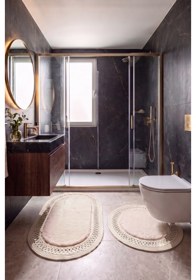 Banyo Paspası Takımı 60x100+60x60 Cm İç Trikot Bej & Krem Bej - Krem
