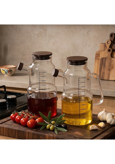 Porsima Lm-0107 Evora Kapaklı Borosilikat Cam 2li Yağlık Sirkelik Yağdanlık Seti 1000ml Şeffaf