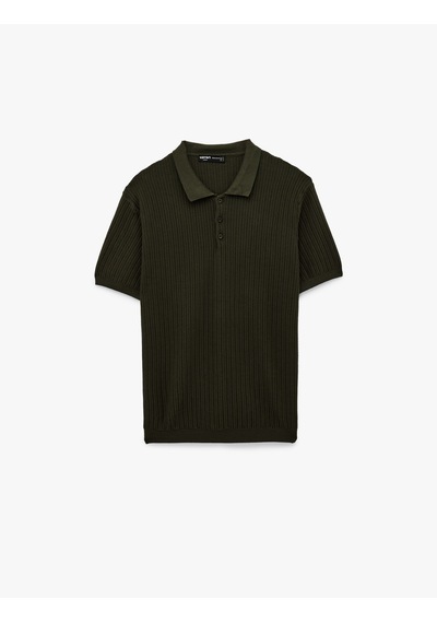 Koton Regular Fit Dokulu Pamuklu Düğmeli Polo Yaka Kısa Kollu Triko Tişört Haki 6sam70015ht