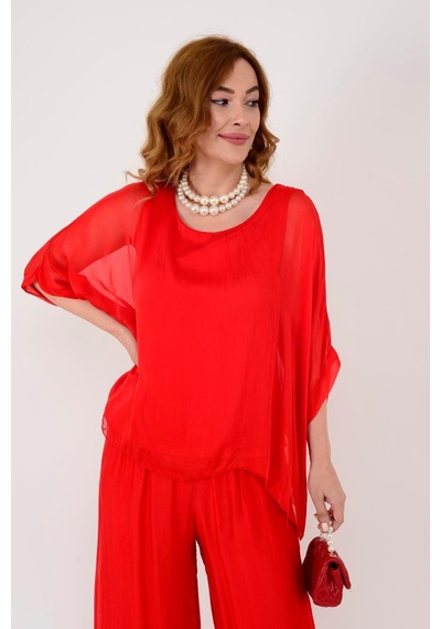Bohem Stil İtalyan Yarasa Kol İpek Bluz & Pantolon Takım-8767 Kırmızı