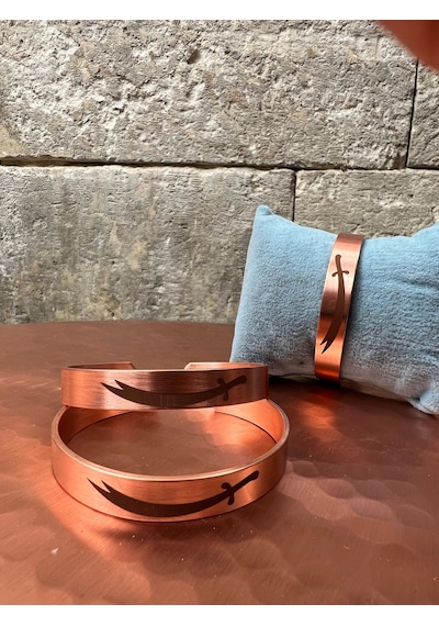 El İşçiliği Desenli Saf Bakır Bileklik Ayarlanabilir Doğal Bakır Bilezik Unisex Otantik Tasarım Bakır
