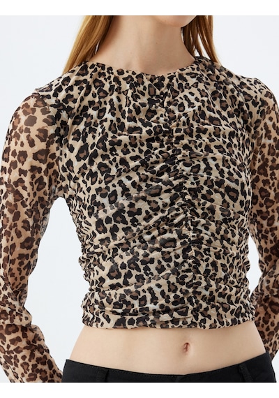Koton Leopar Tül Bluz Crop Uzun Kollu Bisiklet Yaka Büzgülü Bej Desenli 5wal60024ık Ekru Desenli Koton Leopar Tül Bluz Crop Uzun Kollu Bisiklet Yaka Büzgülü Bej Desenli 5wal60024ık Ekru Desenli