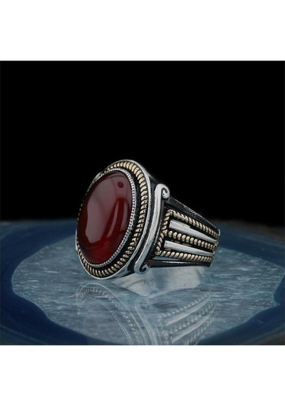 Takılingo Kral Taçı Şeklinde Oval Bordo Akik Taşlı Erkek Yüzük Gümüş