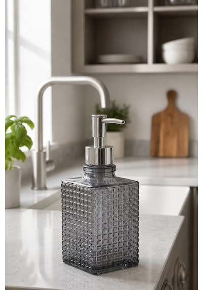 Premium Kare Desenli Silver Pompalı Cam Sıvı Sabunluk 500ml - 23 X 7 X 7 Cm Gri