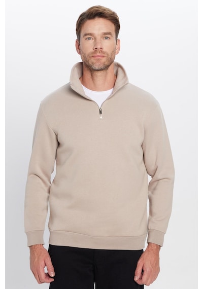 Tudors Unisex Relax Fit Rahat Kesim Pamuklu İçi Polarlı Yarım Fermuarlı Taş Renk Dik Yaka Sweatshirt-31444 Taş