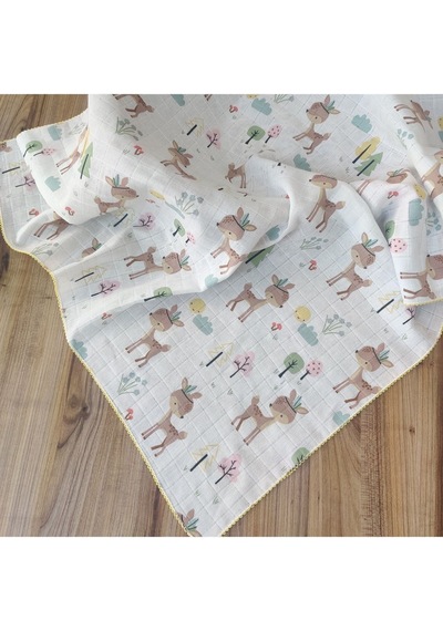 Desenli Müslin Kız Erkek Bebek Battaniyesi Oeko-texli %100 Pamuklu D Puset Örtüsü Yenidoğan 90x80cm Sarı