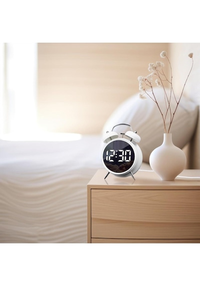 Valkyrie Led Ekranlı Analog Alarmlı Masa Saati Çalar Saat Pil Dereceli Çift Alarmlı Dijital Saat Beyaz