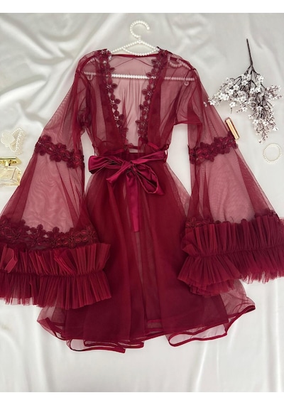 Mh Moony Homewears Kutulu Türkan Bordo Destekli Gecelik Sabahlık Seti Bordo