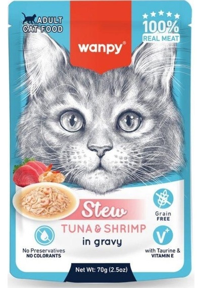Wanpy Stew Gravy Pocuh Ton Balıklı Ve Karidesli Yetişkin Yaş Kedi Maması 70 Gr