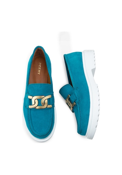Deery Hakiki Süet Turkuaz Rengi Tokalı Loafer Kadın Ayakkabı - 01902ztrkp01 Turkuaz