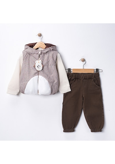 Harika Kids Erkek Bebek 3 Lü Takım 9-24 Ay Şişme Yelek %100 Pamuk Sweatshirt Kadife Pantolon Kahverengi
