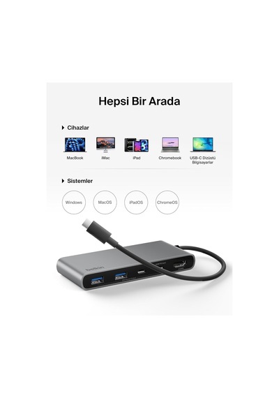 Belkin Usb-c Hub, 7 Portlu, 60 Hz De 4k Hdmi Ekran Desteği, Sd Ve