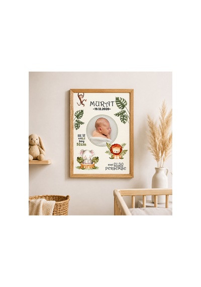 Kişiye Özel Erkek Bebek Doğum Panosu 20x30 Cm Aslan Fil Temalı 4 Mm Foreks Ayaklı Hatıra Tablosu Sürpriz Hediyeli Diğer