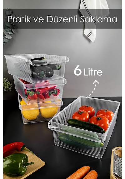 4 Adet Dolap İçi Buzdolabı Düzenleyici - Meyve Sebze Saklama Kabı Buzdolabı Organizer Sepet 6 Litre Şeffaf