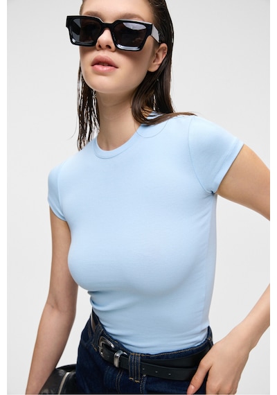 Grimelange HOPEWELL Kadın Yuvarlak Yaka Örme Slim Fit Mavi T-Shirt
