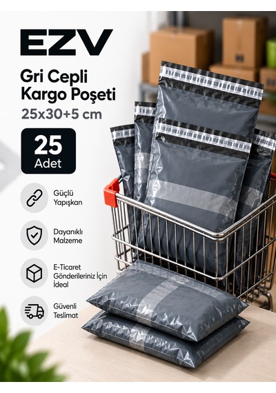 Gri Cepli Kargo Poşeti 25x30+5 Cm 25 Adet Yapışkanlı, Şeffaf Evrak Cepli