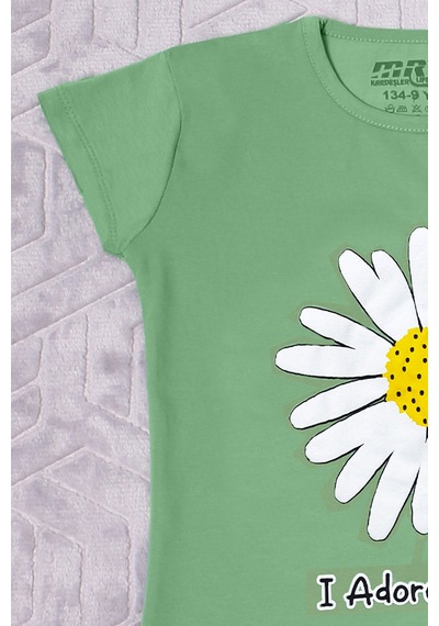 Hçm Kız Çocuk Tshirt Papatya Baskılı Bisiklet Yaka D26 Yeşil