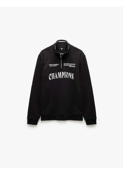 Koton Yarım Fermuarlı İşlemeli Uzun Kollu Sweatshirt Siyah 5sam70033mk Siyah