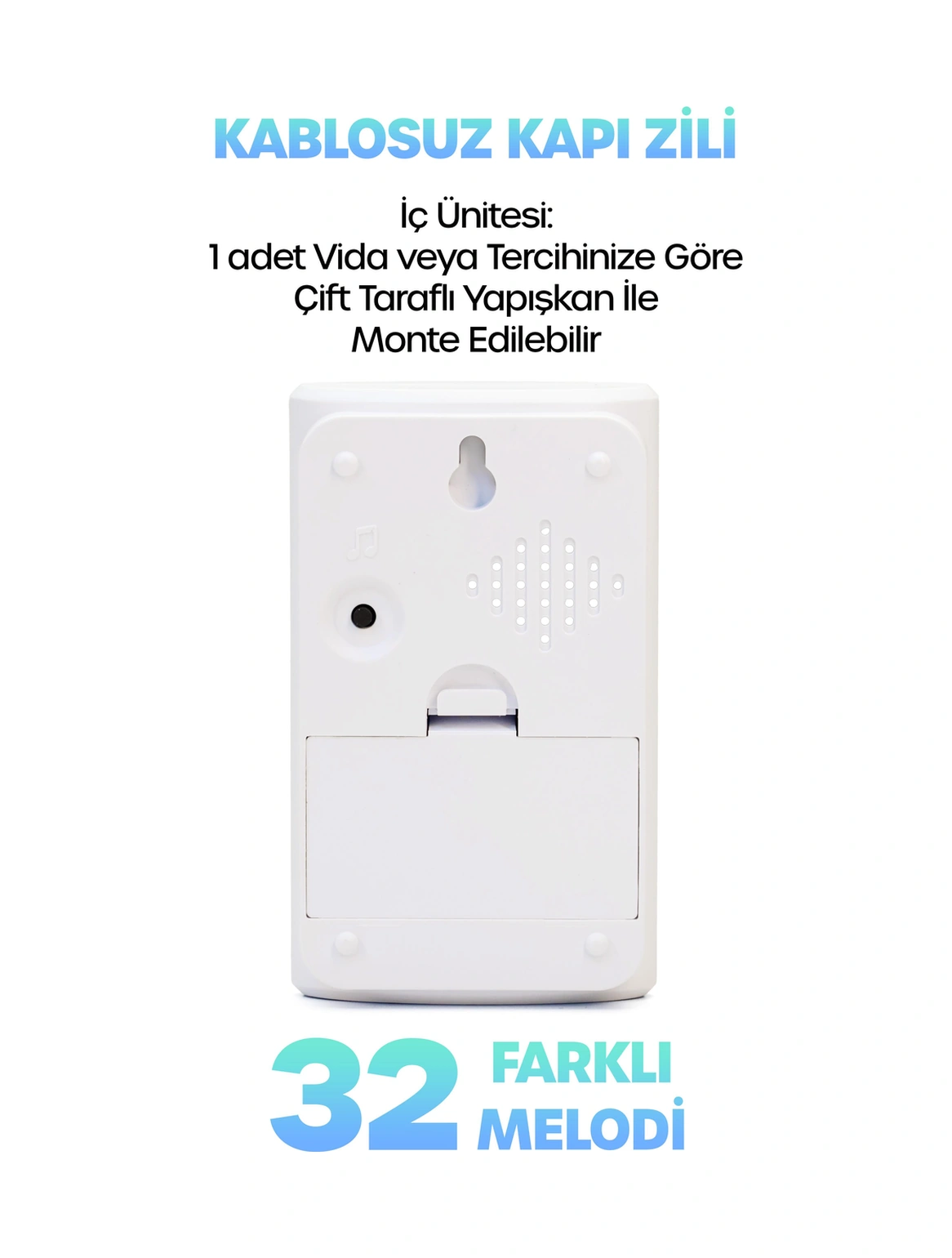 Kablosuz Uzaktan Kumanda Kapı Zili Işıklı Uzun Menzilli Pilli 32 Farklı Melodili Beyaz 9389