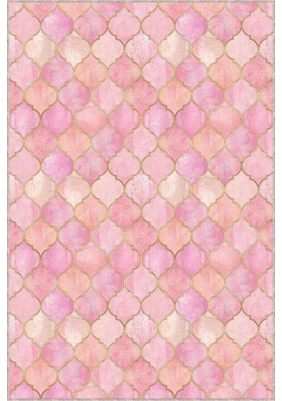 Pembe Fas Desen Kaymaz Taban Makinede Yıkanabilir Halı Rv159n11