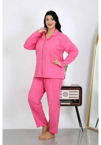Akbeniz Kadın Büyük Beden Pamuklu Cepli Düğmeli Pembe Pijama Takım 202504 Pembe