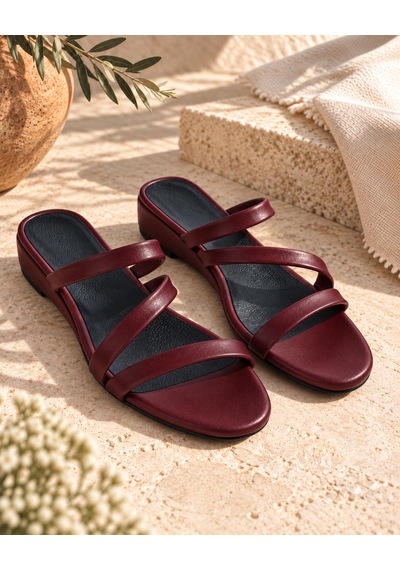 Yeo Leather Hakiki Deri Kadın 3 Bant Sandalet 3cm Alçak Dolgu Topuk - Zamansız Tasarım Bordo