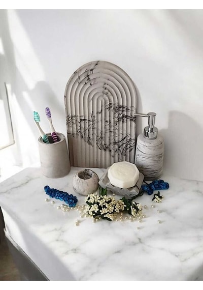 Marble Serisi Antrasit 5 Li Beton Banyo Seti, Sıvı,katı Sabunluk,diş Fırçalık,tepsi,aksesuar,dekor Gri
