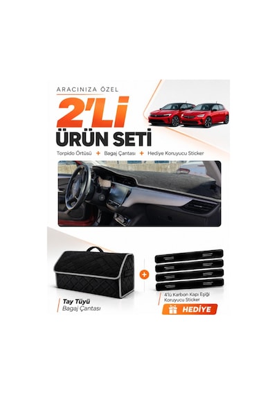 Opel Corsa F 2019-2026 Uyumlu Torpido Örtüsü + Tay Tüyü Bagaj Çantası + Sticker Seti - Siyah Gri