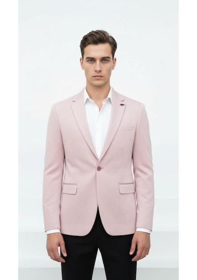 Plus Scorpion Açık Pembe Erkek İtalyan Kesim Blazer Ceket Kol Yamali, Slim Fit, Şık Ve Modern Tasarım Pembe