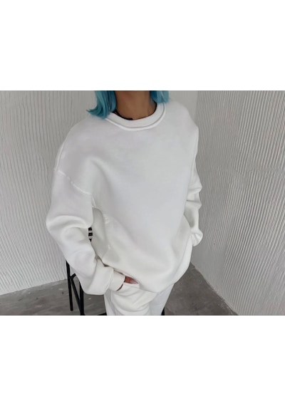 Yake Store Kışlık Bisiklet Yaka Üç İplik Basic Sweatshirt - Beyaz - Beyaz