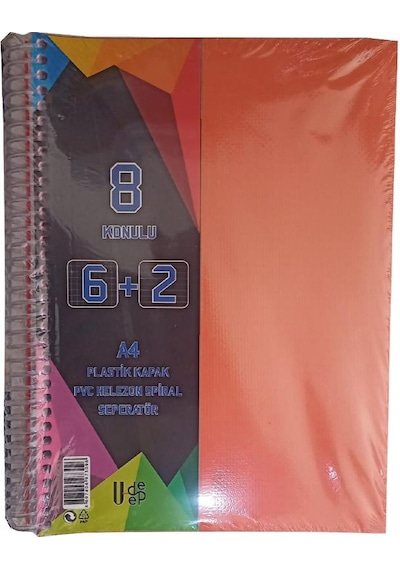 6+2 Ayraçlı Defter 8 Konulu 200 Yaprak 1 Adet 6 Kareli 2 Çizgili Spralli Plastik Kapak Seperatörlü Turuncu
