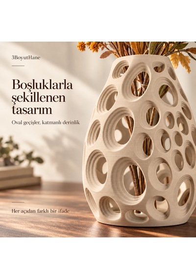 Dekoratif Vazo 20 Cm Oval Delikli Modern Tasarım Kuru Ve Yapay Çiçek Vazosu Bej