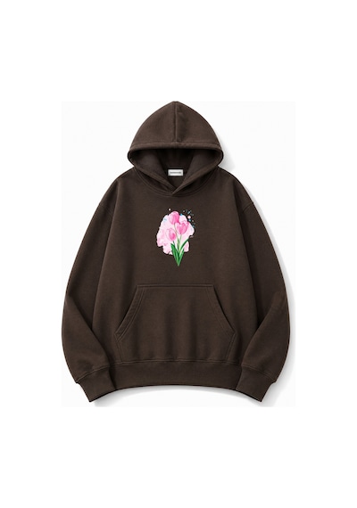Herkesemoda Lale Baskılı Kapüşonlu 2 İplik Şardonlu Sweatshirt Kahverengi