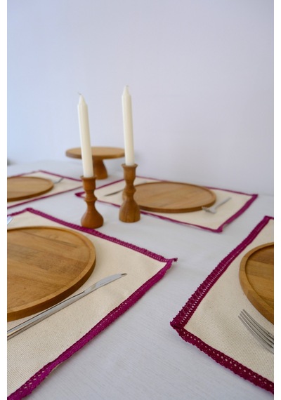 Yakacihome 4'lü Terra Duck Keten Fisto Dantel Biyeli Otantik Supla Amerikan Servis 35x50 Cm Bordo - Krem