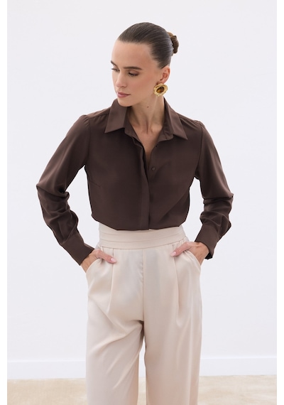 Sateen Klasik Düz Gömlek - Kahve