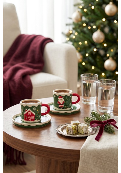 Karaca New Year Yılbaşı Santa House 2 Kişilik Kahve Fincan Takımı 110 Ml Yeşil